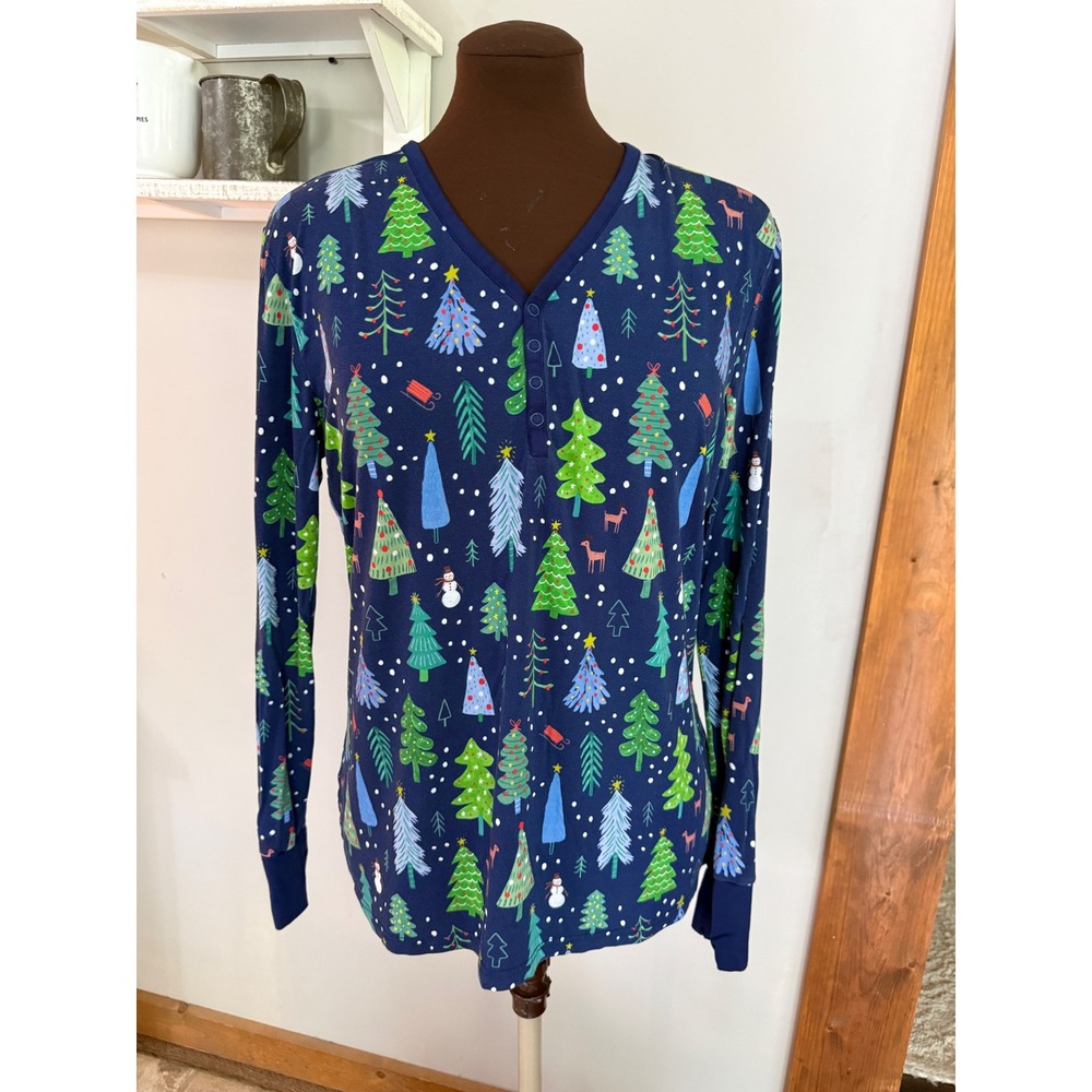 Little Sleepies Winter Forest Bamboo Henley‎ Pajama Top Navy Blue Medium Womens
